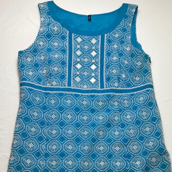 Tahari Womens Shift Dress Size L Turquoise Blue Embroidered Beach Resortwear - Picture 3 of 9